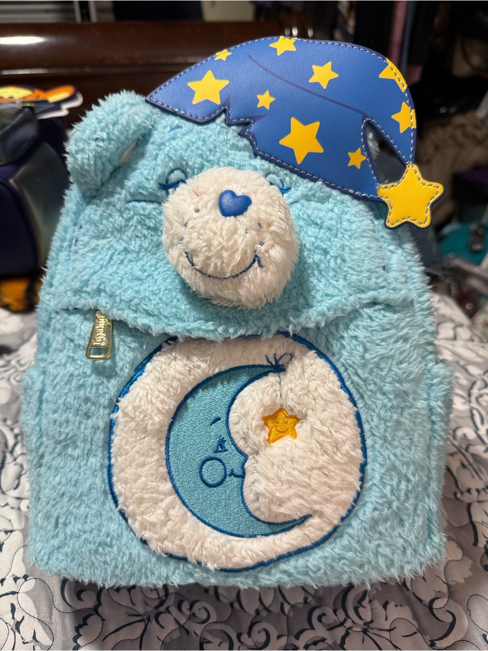 Carebears Light Blue Moon Bear Backpack with Star Hat Sleepy